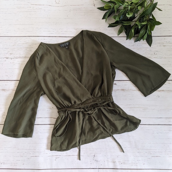 Topshop Tops - Topshop Green Long Sleeve Wrap Blouse with Tie